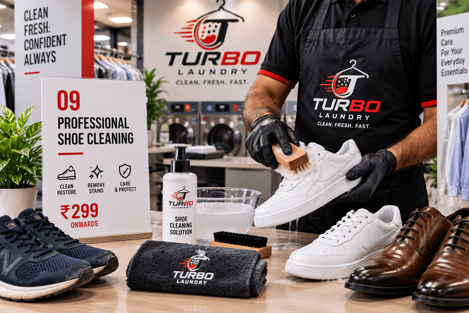 Turbo Laundry professional shoe cleaning — sneakers, leather and dress shoes